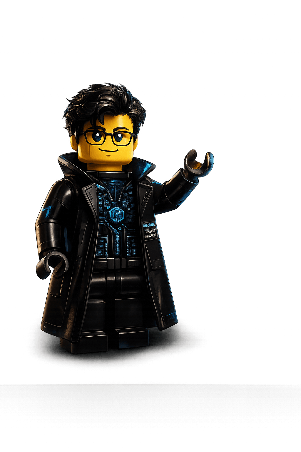 The Brickarchivist — a LEGO minifigure in a black trench coat with glowing cyan circuitry